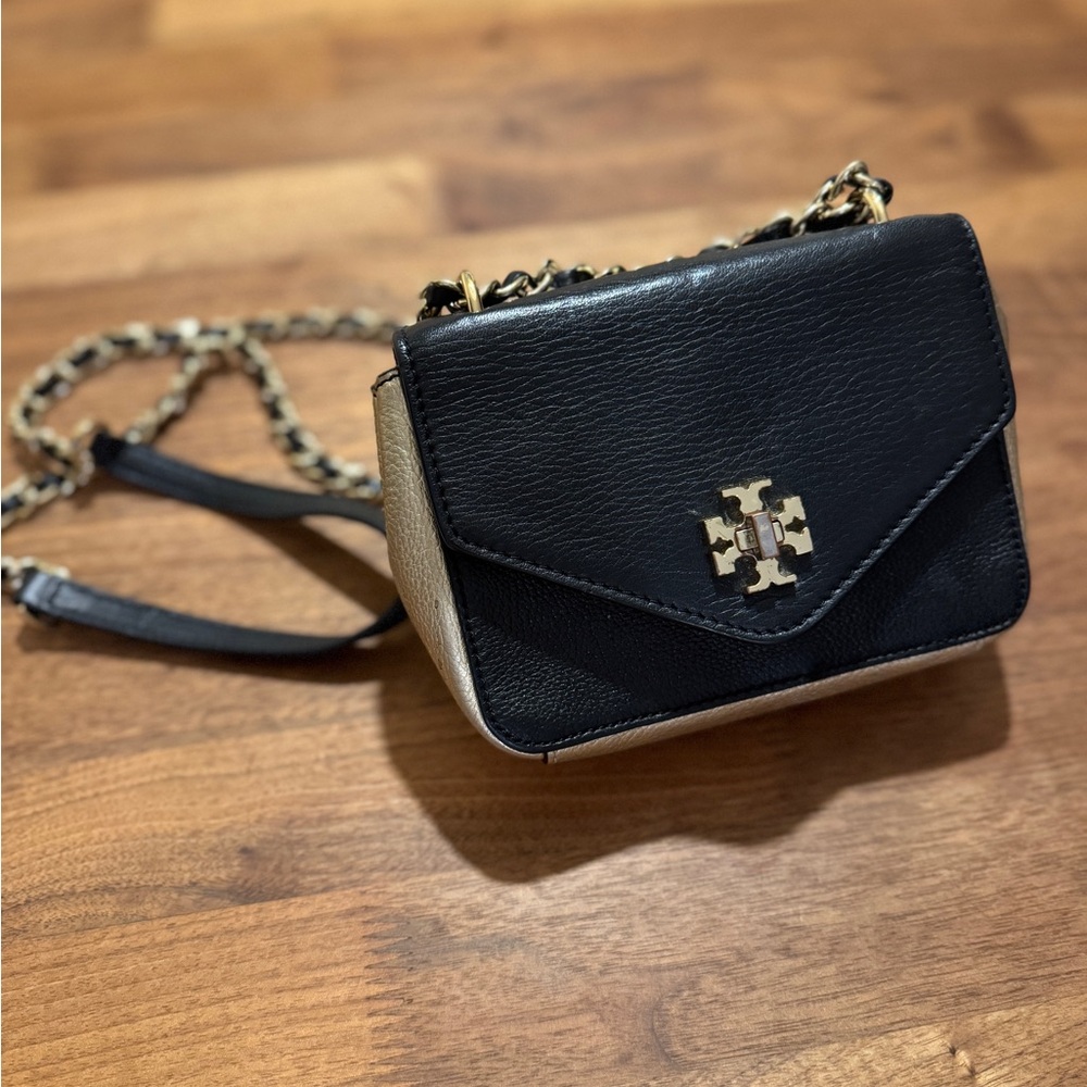 Tory Burch Black and Gold Color block Leather Crossbody